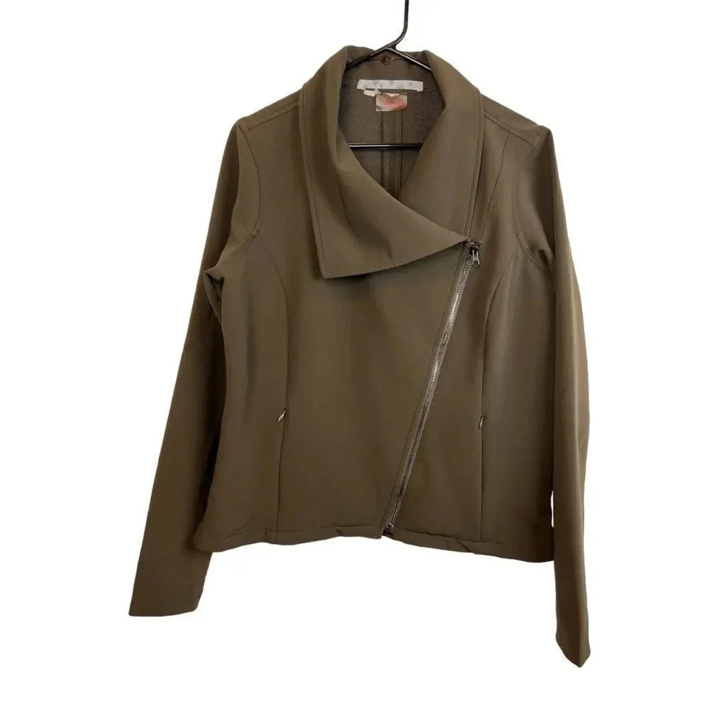 ATHLETA Asymmetrical Side Zipper Collar Green Moto Jacket w Side Vent Zip